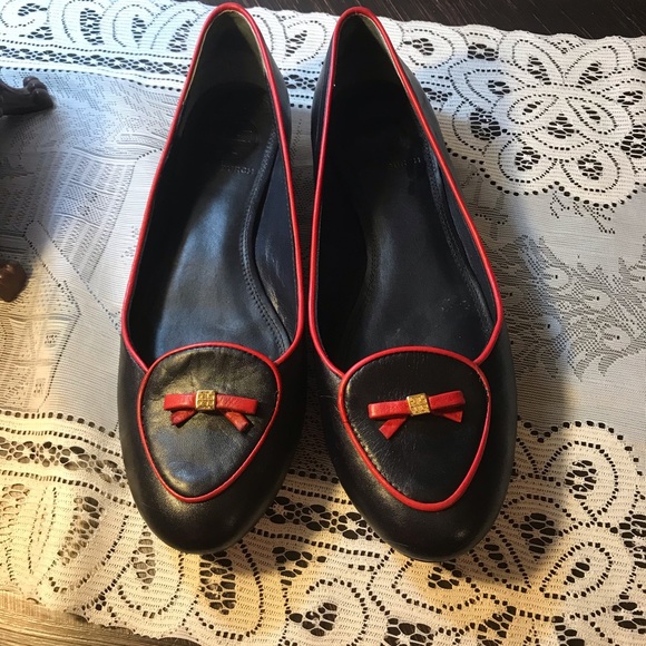 TORY BURCH NAVY/RED BOW FLATS-WORN 3X’s SZ 8 - Picture 1 of 8